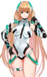  1girl absurdres angela_balzac armor bangs bare_legs bare_shoulders blonde_hair blue_eyes breasts covered_navel elbow_gloves gloves green_eyes hand_on_hip headgear highres large_breasts leotard long_hair low_twintails mecha rakuen_tsuihou smile solo tetsu_(kimuchi) thigh_strap twintails 