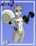  agent_s_(animal_crossing) animal_crossing anthro breasts dumbbell exercise female fitness fur genitals grey_body grey_fur hybrid jackintaro mammal nintendo nipples nude pussy rodent sciurid solo video_games weights 
