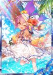  2girls age_of_ishtaria bare_shoulders blue_sky collaboration dress flower flower_hat hat heart lu_hpink meru_(age_of_ishtaria) multiple_girls official_art one_eye_closed open_mouth over_water pink_hair red_eyes ribbon salix_(age_of_ishtaria) sandals shinkai_no_valkyrie short_hair sky straw_hat striped striped_ribbon summer sundress sunlight white_dress white_ribbon 