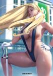  1girl artnip black_swimsuit blonde_hair blue_eyes breasts covered_nipples curvy day english_commentary feather_boa fullmetal_alchemist gloves hand_on_hip huge_breasts leg_up lips long_hair mismatched_eyebrows navel nose olivier_mira_armstrong outdoors planted_sword planted_weapon rapier shiny shiny_skin sidelocks slingshot_swimsuit solo standing swimsuit sword thick_eyebrows thick_thighs thighs very_long_hair weapon white_gloves wind wind_lift 