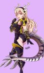  1girl absurdres alternate_hair_color armor ass black_armor boots breasts buckle clenched_hand corrin_(fire_emblem) corrin_(fire_emblem)_(female) dated dragon_tail fire_emblem fire_emblem_fates gauntlets gold_trim hair_between_eyes hairband hand_on_own_chest highres horns jarckius large_breasts large_tail leotard light_brown_hair long_hair looking_at_viewer looking_back open_mouth pauldrons purple_background red_eyes shoulder_armor sidelocks signature simple_background solo tail thigh_boots thighhighs thighs very_long_hair wavy_hair 