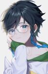  1boy absurdres androgynous bangs black_hair blue_hair braid closed_mouth collarbone eyebrows_visible_through_hair genshin_impact glasses gradient_hair green_eyes hand_on_own_cheek hand_on_own_face highres hood hood_down hoodie kkopoli long_sleeves looking_at_viewer male_focus multicolored_hair short_hair_with_long_locks simple_background smile solo symbol_commentary twin_braids venti_(genshin_impact) white_background 