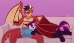  ailurid clothing cuddling dragon dragon_otter elystra felix_reverie female furniture hi_res horn hybrid iztli lutrine male mammal mustelid red_panda relaxing sleeping sofa underwear wing_blanket wings wingzord 