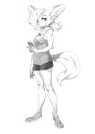  anthro aruurara barefoot bite biting_lip bottomwear breasts canid canine choker cleavage clothed clothing digitigrade feet female fox hair hair_over_eye hi_res jewelry liina_(aruurara) looking_at_viewer mammal monochrome necklace one_eye_obstructed phone sad shirt shorts shoulder_length_hair simple_background solo standing tank_top topwear white_background wistful 