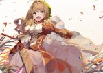  1girl absurdres aestus_estus ahoge blonde_hair breasts dress fate/extra fate_(series) green_eyes highres holding holding_weapon juliet_sleeves long_sleeves looking_at_viewer medium_breasts nero_claudius_(fate) nero_claudius_(fate)_(all) one_eye_closed open_mouth petals puffy_sleeves red_dress same_(sendai623) solo stairs swinging sword weapon 