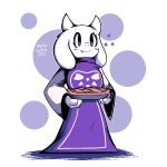  1:1 2021 anthro blush bovid caprine clothing dessert fangs female food fur goat holding_object horn long_sleeves mammal mysticwaffle032 pie purple_eyes robe shadow signature simple_background solo standing toriel undertale video_games white_body white_fur 