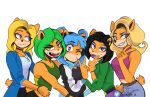  activision ami_bandicoot anthro bandicoot black_hair blonde_hair blue_eyes blue_hair choker crash_bandicoot_(series) eyeshadow female green_eyes green_hair group hair hi_res isabella_bandicoot jewelry liz_bandicoot looking_at_viewer makeup mammal marsupial megumi_bandicoot necklace pink_eyes purple_eyes rakkun13 tawna_bandicoot tongue tongue_out video_games 