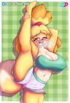  animal_crossing anthro big_breasts blush bodily_fluids bottomwear breasts canid canine canis chuchodraws clothed clothing collar domestic_dog eyebrows female fur hi_res isabelle_(animal_crossing) mammal nintendo open_mouth open_smile raised_eyebrow shih_tzu simple_background smile solo sweat sweaty_breasts sweaty_legs sweaty_thighs thick_thighs topwear toy_dog video_games yellow_body yellow_fur 