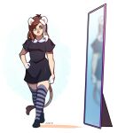  2020 animal_humanoid anthro black_clothing black_dress brown_hair clothing dandee_(character) dress felid felid_humanoid female footwear hair hi_res humanoid legwear lion_humanoid looking_at_mirror looking_at_object luxarman mammal mammal_humanoid mirror pantherine pantherine_humanoid pattern_clothing pattern_legwear pattern_thigh_highs shoes simple_background solo striped_clothing striped_legwear striped_thigh_highs stripes thigh_highs white_background 