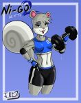  agent_s_(animal_crossing) animal_crossing anthro dumbbell exercise female fitness fur grey_body grey_fur jackintaro mammal nintendo rodent sciurid solo video_games weights 
