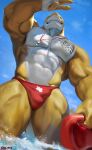  2021 abs anthro beach bulge chunie clothed clothing detailed_background digital_media_(artwork) fish hi_res lifeguard looking_at_viewer male marine muscular muscular_male navel outside partially_submerged pecs scales seaside shark sky smile solo speedo standing swimwear tattoo topless water whistle white_body white_scales yellow_body yellow_scales 