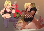  1boy 1girl abs bandaid blonde_hair blush bra clothed_male_nude_female crop_top dark_skin dark_skinned_male dorohedoro dumpling food hetero highres jiaozi justrube kaiman_(dorohedoro) kiss monster_boy muscular muscular_female navel nikaidou_(dorohedoro) nude pants pillow prone_bone sequential sex sex_from_behind stomach strap_slip sweatpants thong toned underwear 