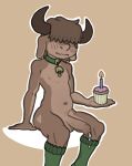  anthro bell bell_collar belly blush bodily_fluids bovid bovine brown_body brown_fur butt cattle clothed clothing collar cowandbun cowbell cum cupcake eyes_covered food footwear foreskin fur genital_fluids genitals green_clothing hair hair_over_eye hair_over_eyes horn leaking_penis male mammal marshal_(cowandbun) navel nipples one_eye_obstructed partially_clothed penis socks solo uncut 
