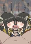  2girls absurdres bangs black_hair blush bow caressing_testicles chinese_clothes fellatio fewer_digits hagunontada hair_bow highres hinoa long_tongue looking_at_viewer minoto monster_hunter_(series) multiple_girls oral pointy_ears tongue tongue_out 