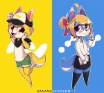  birshylp bottomwear canid canine canis chirmaya clipboard clothing cryptocurrency female hat headgear headwear hi_res logo male mammal mascot peace_sign_(disambiguation) shorts sibling skirt text twins url wolf 