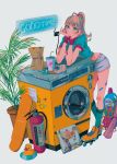  1girl aqua_legwear aqua_shirt bag blonde_hair cup drinking_straw highres long_hair midriff najuco_(naju0517) original plant ponytail potted_plant roller_skates rubber_duck shirt short_sleeves shorts skateboard skates socks solo white_shorts yellow_footwear 