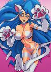  animal_humanoid better_version_at_source big_breasts blue_hair blush breasts capcom cat_humanoid claws clothed clothing darkstalkers delux felicia_(darkstalkers) felid felid_humanoid feline feline_humanoid female fur hair hi_res humanoid long_hair mammal mammal_humanoid solo video_games 
