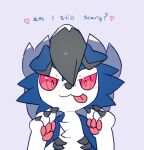  &lt;3 2017 3_claws 3_fingers black_claws black_nose blep blue_body blue_fur canid canine chest_tuft chibi claws english_text female fiddleafox fingers fluffy fluffy_chest fur lavender_background looking_at_viewer lycanroc mammal midnight_lycanroc moro_(fiddleafox) nintendo pawpads pok&eacute;mon pok&eacute;mon_(species) red_eyes sharp_claws shiny_pok&eacute;mon simple_background solo text tongue tongue_out tuft video_games white_body white_fur 