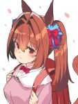  1girl absurdres animal_ears backpack bag bangs blush bow brown_eyes brown_hair closed_mouth collared_shirt commentary_request daiwa_scarlet_(umamusume) dress_shirt eyebrows_visible_through_hair fang fang_out hair_between_eyes hair_bow hair_intakes hands_up highres holding_strap horse_ears horse_girl horse_tail long_hair looking_away petals pink_sweater randoseru red_bow red_eyes shirt simple_background solo sweater tail tail_raised twintails umamusume upper_body white_background white_shirt yuuji_(yukimimi) 
