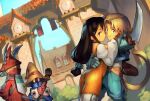  2boys 2girls ass black_hair blonde_hair bodysuit breast_press breasts burmecian commentary couple crossed_arms english_commentary final_fantasy final_fantasy_ix freija_crescent garnet_til_alexandros_xvii hetero holding holding_sword holding_weapon hug long_hair looking_at_viewer low-tied_long_hair medium_breasts monkey_tail multiple_boys multiple_girls optionaltypo orange_bodysuit pantylines short_sword sword tail vivi_ornitier weapon zidane_tribal 