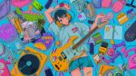  1girl aqua_shorts bag bandaid bandaid_on_face bangle black_hair bracelet cowboy_shot dinosaur electric_guitar guitar headphones highres instrument jewelry najuco_(naju0517) original phone phonograph shadow shirt shoes_removed short_hair short_sleeves shorts solo white_shirt yellow_footwear 