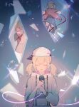  1girl :| asymmetrical_sleeves azusawa_kohane backwards_hat baseball_cap black_shirt blonde_hair blue_skirt closed_eyes closed_mouth facing_away facing_viewer glass_shards grey_hoodie grey_shirt grey_skirt hand_on_own_cheek hand_on_own_face hat highres holding holding_microphone hood hoodie jacket lens_flare long_sleeves looking_away microphone multiple_views music official_alternate_costume open_mouth pink_jacket project_sekai reflection rion sailor_collar school_uniform shirt short_twintails simple_background singing skirt smile striped thighhighs twintails white_headwear 