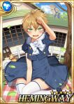  1boy angry annoyed blonde_hair blue_eyes blush carchet card_(medium) character_name child crossdressing day dress embarrassed hair_between_eyes hemingway_(sid_story) male_focus otoko_no_ko outdoors sid_story sky solo thighhighs white_legwear younger 