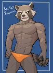  2021 abs anthro bulge character_name clothed clothing cybernetics guardians_of_the_galaxy hi_res humanoid jrjresq machine male mammal marvel muscular muscular_anthro muscular_male pinup pose procyonid raccoon rocket_raccoon solo standing thong underwear underwear_only 
