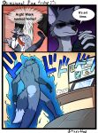  absurd_res anthro canid canine clothing comic door fox fur grey_body grey_fur hi_res japanese_text jojo&#039;s_bizarre_adventure kick mammal monitor necktie perspective starrffax tablet text torn_clothing walking 