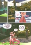  anthro black_hair car clothed clothing comic day detailed_background digital_media_(artwork) dragon duo english_text grass green_eyes hair hi_res horn human male mammal membrane_(anatomy) membranous_wings outside plant red_body red_hair red_skin ru_(rudragon) rudragon sky smile standing text troy_(rudragon) vehicle wings 