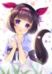  1girl :d animal_ears bangs black_hair blurry blurry_foreground commentary_request depth_of_field eyebrows_visible_through_hair hair_ornament hairband hairclip hands_up head_tilt highres horse_ears horse_girl horse_tail ko_yu looking_at_viewer nishino_flower_(umamusume) open_mouth pink_hairband pleated_skirt puffy_short_sleeves puffy_sleeves purple_eyes purple_shirt school_uniform shirt short_hair short_sleeves skirt smile solo tail tracen_school_uniform umamusume white_skirt x_hair_ornament 