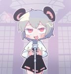  1girl animal_ears bangs black_skirt black_vest blush capelet cookie_(touhou) cowboy_shot grey_hair long_sleeves meme microphone mouse_ears mouse_girl mouse_tail mukenkairou nazrin never_gonna_give_you_up nyon_(cookie) open_mouth parody red_eyes rickroll shirt short_hair skirt tail touhou vest white_capelet white_shirt 