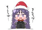  1girl bangs box chibi commentary_request fate/grand_order fate_(series) frown gift gift_box hat highres long_hair minamoto_no_raikou_(fate) open_mouth parted_bangs purple_eyes purple_hair rei_(rei_rr) santa_hat solo tears translation_request trembling very_long_hair 