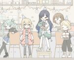  5girls :d aiueohayo0023 aqua_hair asymmetrical_sleeves azusawa_kohane black_footwear black_hair black_hoodie black_legwear black_pants black_shirt blonde_hair blue_eyes blue_hair blue_skirt bowl box brick brown_eyes brown_hair cake chair closed_eyes closed_mouth confetti counter display double_bun earrings facing_viewer food fork fruit gift green_jacket grey_shirt hair_ornament hairclip hat hatsune_miku hood hoodie hoop_earrings jacket jewelry kagamine_rin kneehighs laughing layered_skirt light_bulb meiko multicolored multicolored_clothes multicolored_hair multiple_girls navel official_alternate_costume one_eye_closed open_mouth pants party_hat pink_jacket plate plate_stack pocket pouch project_sekai ribbon shiraishi_an shirt shoes short_hair short_twintails shorts sitting skirt smile sneakers star_(symbol) star_hair_ornament stool strawberry streamers striped twintails vocaloid white_footwear 