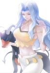  1girl blue_eyes blue_hair breasts cleavage closed_mouth collarbone elite_four gen_2_pokemon highres houndoom karen_(pokemon) light_smile long_hair midriff navel pants pokemon pokemon_(creature) pokemon_(game) pokemon_hgss simple_background tommy_(kingdukeee) walking white_background 