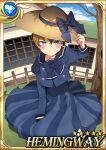  1boy angry annoyed blonde_hair blue_eyes blush carchet card_(medium) character_name child crossdressing day dress embarrassed hair_between_eyes hat hemingway_(sid_story) male_focus otoko_no_ko outdoors sid_story sky solo sun_hat younger 