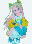  1girl aqua_eyes bandaid blue_footwear full_body hair_ornament hair_ribbon hairclip high_heels highres jacket long_hair looking_at_viewer multicolored_hair najuco_(naju0517) original ribbon simple_background socks solo squatting white_background white_legwear yellow_jacket 