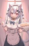  1girl alternate_costume animal_ear_fluff animal_ears apron backlighting bangs bell black_dress blush breasts cat_ears cat_girl cat_tail cleavage commentary_request curtains dress enmaided eyebrows_visible_through_hair food food_in_mouth food_on_face frilled_apron frills grey_hair highres holding holding_tray hololive horns jingle_bell kemonomimi_mode long_hair looking_at_viewer maid maid_headdress medium_breasts mouth_hold multicolored_hair nakiri_ayame oni oni_horns puffy_short_sleeves puffy_sleeves red_eyes red_hair short_sleeves solo starfox1015 streaked_hair tail taiyaki teapot transparent tray very_long_hair virtual_youtuber wagashi white_apron window wrist_cuffs 