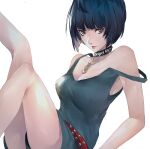  1girl 2021 bangs belt blue_hair breasts brown_eyes choker cleavage closed_mouth highres jewelry lips looking_at_viewer necklace persona persona_5 pertex_777 short_hair sitting solo takemi_tae thighs 