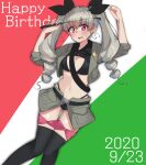  absurdres adapted_costume anchovy_(girls_und_panzer) antyobi0720 anzio_military_uniform arms_up ass_visible_through_thighs background_text bangs belt bikini bikini_under_clothes black_belt black_bikini black_legwear black_ribbon blush breasts cleavage commentary cropped_jacket dated drill_hair english_text eyebrows_visible_through_hair flag_background from_above frown girls_und_panzer green_hair grey_jacket grey_skirt hair_ribbon happy_birthday highleg highleg_bikini highres holding italian_flag jacket long_hair long_sleeves looking_at_viewer lying medium_hair miniskirt navel on_back open_clothes open_jacket open_mouth red_eyes ribbon riding_crop sam_browne_belt skindentation skirt sleeves_rolled_up sweatdrop swimsuit thigh_gap thigh_strap thighhighs twin_drills twintails 