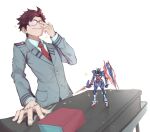  1boy absurdres boku_no_hero_academia book closed_mouth commission desk dokuro_deluxe fingernails glasses gundam gunpla hand_on_eyewear highres holding holding_sword holding_weapon light_particles male_focus necktie original red_hair red_neckwear school_uniform shield simple_background smile solo sparkle standing sword uniform v-fin weapon white_background 