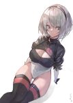  1girl absurdres black_gloves black_hairband black_legwear breasts cleavage cleavage_cutout closed_mouth clothing_cutout covered_navel dokuro_deluxe gloves grey_eyes grey_hair hair_between_eyes hairband highres leotard nier_(series) nier_automata puffy_sleeves short_hair simple_background sitting solo turtleneck white_background yorha_no._2_type_b 