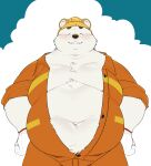  2021 absurd_res anthro armor belly blush clothed clothing eyes_closed fur hard_hat headgear helmet hi_res humanoid_hands kemono male mammal moobs navel outside overweight overweight_male polar_bear quanjiang solo ursid ursine white_body white_fur 