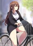  1girl bangs bicycle brown_hair business_suit formal ground_vehicle highres looking_ahead open_mouth original pencil_skirt riding_bicycle skirt solo suit thick_thighs thighs zeroshiki_kouichi 