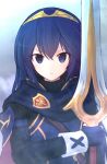  1girl bangs blue_eyes blue_gloves closed_mouth dark_blue_hair eyebrows_visible_through_hair falchion_(fire_emblem) fingerless_gloves fire_emblem fire_emblem_awakening frown gloves hair_between_eyes holding holding_sword holding_weapon long_hair long_sleeves looking_at_viewer lucina_(fire_emblem) solo suta_(clusta) sword tiara turtleneck v-shaped_eyebrows very_long_hair weapon 