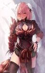  1girl absurdres armor bandaged_arm bandages black_legwear blush breasts bun_cover cleavage cuffs double_bun greenkohgen hand_on_hip highres ibaraki_kasen large_breasts looking_at_viewer monster_hunter:_world monster_hunter_(series) odogaron_(armor) orange_eyes parted_lips pelvic_curtain pink_hair shackles short_hair solo standing sweatdrop thighhighs touhou 