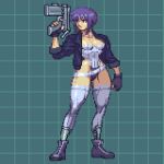  1girl belt black_footwear black_gloves black_jacket breasts clenched_hand closed_mouth collarbone covered_navel fingerless_gloves ghost_in_the_shell gloves grid grid_background gun holding holding_gun holding_weapon jacket kusanagi_motoko leotard muscular muscular_female omegachaino open_clothes open_jacket pixel_art purple_eyes purple_hair short_hair sleeves_rolled_up solo standing thighhighs weapon white_legwear 