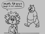  2015 anthro belly bottomwear clothing duo english_text felid humanoid_hands lion male mammal monochrome morbidly_obese obese obese_anthro obese_male osos overweight overweight_anthro overweight_male pantherine shirt shorts text topwear ursid 