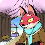  anthro blush canid canine cartoon_network cherry_blossom clothing coat fox looking_at_viewer male mammal mao_mao:_heroes_of_pure_heart plant rufus_(mao_mao:_heroes_of_pure_heart) scarf smile topwear trashbadger yellow_eyes 