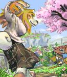  biped brown_body brown_fur canid canine cherry_tree clothed clothing detailed_background eyes_closed female fruit_tree fur group humanoid_hands kemono low_res mammal outside plant tree utsuki_maito 